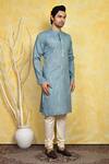 Shop_Arihant Rai Sinha_Blue Cotton, Silk Embroidery Placement Kurta Set _Online_at_Aza_Fashions