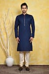 Shop_Arihant Rai Sinha_Blue Kurta Cotton Silk Embroidery Stitchline Thread Placket Set _Online_at_Aza_Fashions
