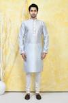 Shop_Arihant Rai Sinha_Grey Silk, Acrylic Embroidery Quad Crest Motif Resham Woven Kurta Set _Online_at_Aza_Fashions