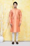 Shop_Arihant Rai Sinha_Orange , Satin Embroidery Crest Bloom Motif Resham Woven Kurta Set _Online_at_Aza_Fashions