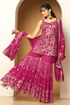 Meenagurnam_Pink Chiffon Sequins, Embroidery Polo Collar Bahar Kurta Sharara Set _Online_at_Aza_Fashions