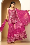 Buy_Meenagurnam_Pink Chiffon Sequins, Embroidery Polo Collar Bahar Kurta Sharara Set _Online_at_Aza_Fashions