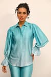 Shop_Label Deepika Nagpal_Blue Brushed Satin Hand Embroidery Crystals Demi Shirt With Pant _Online_at_Aza_Fashions