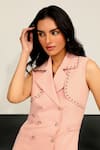 Label Deepika Nagpal_Peach Heavy Luxury Crepe Plain Lapel Collar Ava Tuxedo Sleeveless Dress _at_Aza_Fashions