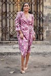 Shop_Style Junkiie_Pink Georgette Ikat V Neck Pattern Wrap Dress _Online_at_Aza_Fashions