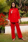 Buy_Linen Bloom_Red 100% Linen Embroidered Toucan Collar Striped Shirt_at_Aza_Fashions
