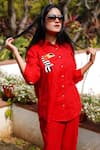 Shop_Linen Bloom_Red 100% Linen Embroidered Toucan Collar Striped Shirt_at_Aza_Fashions