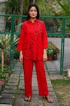 Buy_Linen Bloom_Red 100% Linen Embroidered Box Collar Shirt_at_Aza_Fashions