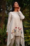 Buy_Linen Bloom_Beige 100% Linen Embroidered Flower Band Collar Garden Tunic _at_Aza_Fashions