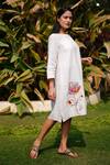 Buy_Linen Bloom_Beige 100% Linen Embroidered Flower Round Dress _Online_at_Aza_Fashions