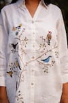 Shop_Linen Bloom_White 100% Linen Embroidered Bird Collar Shirt_at_Aza_Fashions