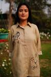 Shop_Linen Bloom_Brown 100% Linen Embroidered Scribble Collar Shirt _at_Aza_Fashions