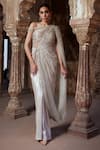 Buy_Kamaali Couture_Gold Shimmer Embroidered Pearl One-shoulder Champagne Saree Gown _at_Aza_Fashions