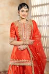 Preeti S Kapoor x AZA_Red Kurta And Sharara Dupion Embroidered Flower Notched Set _Online