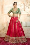 Buy_Preeti S Kapoor x AZA_Fuchsia Blouse And Lehenga Dupion Embroidered Floral V Neck Gota Vine Set _Online