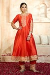 Shop_Preeti S Kapoor x AZA_Red Anarkali And Salwar Dupion Embroidered Flower Keyhole Gota Set 