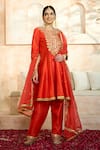 Preeti S Kapoor x AZA_Red Anarkali And Salwar Dupion Embroidered Floral Round Gota Set _Online_at_Aza_Fashions