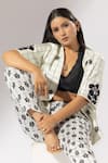 Shop_Thee Modern Roots_Ivory Silk Satin Embroidery Open Checkered Fleur Print Kimono Jacket With Pant _Online_at_Aza_Fashions