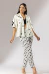 Thee Modern Roots_Ivory Silk Satin Embroidery Open Checkered Fleur Print Kimono Jacket With Pant _at_Aza_Fashions