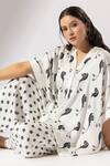 Shop_Thee Modern Roots_Ivory Silk Satin Collared Bird Paradise Print Boxy Shirt With Salwar Pant _Online_at_Aza_Fashions