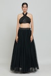 Samyukta Singhania_Black Natural Crepe Hand Embellished Ruched Halter Neck Blouse Lehenga Set _Online_at_Aza_Fashions