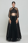 Buy_Samyukta Singhania_Black Natural Crepe Hand Embellished Ruched Halter Neck Blouse Lehenga Set _Online_at_Aza_Fashions