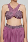 Shop_Samyukta Singhania_Purple Net Hand Embroidered Mirror Halter Neck Cross Crop Top With Flared Skirt _Online_at_Aza_Fashions