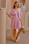Buy_House of Fett_Purple Cotton Rayon Plain V Neck Rico Pleated Dress_at_Aza_Fashions