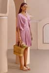 House of Fett_Purple Cotton Rayon Plain V Neck Rico Pleated Dress_Online_at_Aza_Fashions
