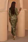 HOUSE OF FETT_Green Linen Satin Print Acacia Jungle Mandarin Collar Cowl Draped Dress _Online_at_Aza_Fashions