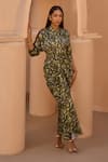 Buy_HOUSE OF FETT_Green Linen Satin Print Acacia Jungle Mandarin Collar Cowl Draped Dress _Online_at_Aza_Fashions