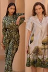 Shop_HOUSE OF FETT_Green Linen Satin Print Acacia Jungle Mandarin Collar Cowl Draped Dress _Online_at_Aza_Fashions