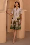 Buy_HOUSE OF FETT_Ivory Linen Satin Print Amazon Jungle Notch Collar Dress _at_Aza_Fashions