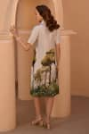 Shop_HOUSE OF FETT_Ivory Linen Satin Print Amazon Jungle Notch Collar Dress _at_Aza_Fashions