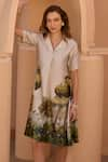 HOUSE OF FETT_Ivory Linen Satin Print Amazon Jungle Notch Collar Dress _Online_at_Aza_Fashions