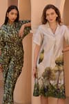 HOUSE OF FETT_Ivory Linen Satin Print Amazon Jungle Notch Collar Dress _at_Aza_Fashions