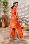 House of Fett_Orange 100% Cotton Print Dahlia Notch Collar Amer Jacket Flared Pant Set_Online_at_Aza_Fashions