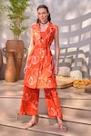 Buy_House of Fett_Orange 100% Cotton Print Dahlia Notch Collar Amer Jacket Flared Pant Set_Online_at_Aza_Fashions