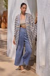 Buy_HOUSE OF FETT_Grey Cotton Mix Print Striped Shawl Lapel Collar Atlantis Bar Kaftan Set _at_Aza_Fashions