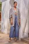 Buy_HOUSE OF FETT_Grey Cotton Mix Print Striped Shawl Lapel Collar Atlantis Bar Kaftan Set _Online_at_Aza_Fashions