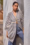 Shop_HOUSE OF FETT_Grey Cotton Mix Print Striped Shawl Lapel Collar Atlantis Bar Kaftan Set _at_Aza_Fashions