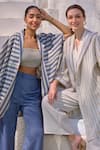 HOUSE OF FETT_Grey Cotton Mix Print Striped Shawl Lapel Collar Atlantis Bar Kaftan Set _at_Aza_Fashions