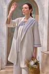 HOUSE OF FETT_Ivory Cotton Linen Striped V Neck Cayman Cape Set _Online_at_Aza_Fashions