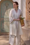 Shop_HOUSE OF FETT_Ivory Cotton Linen Striped V Neck Cayman Cape Set _Online_at_Aza_Fashions