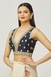 Buy_Samyukta Singhania_Blue Silk Embroidery Plunge Neck Flower Sleeveless Blouse _at_Aza_Fashions