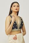 Buy_Samyukta Singhania_Blue Silk Embroidery Plunge Neck Flower Sleeveless Blouse _Online_at_Aza_Fashions