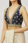 Shop_Samyukta Singhania_Blue Silk Embroidery Plunge Neck Flower Sleeveless Blouse _Online_at_Aza_Fashions