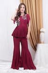 Buy_House of Tushaom_Wine Chinon Chiffon Embroidered Bird Round Peplum Kurta With Flared Pant _at_Aza_Fashions