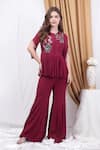 Buy_House of Tushaom_Wine Chinon Chiffon Embroidered Bird Round Peplum Kurta With Flared Pant _Online_at_Aza_Fashions