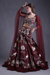 Buy_House of Tushaom_Wine Satin Organza Embroidered Floral V Neck Heavy Lehenga With Blouse _at_Aza_Fashions